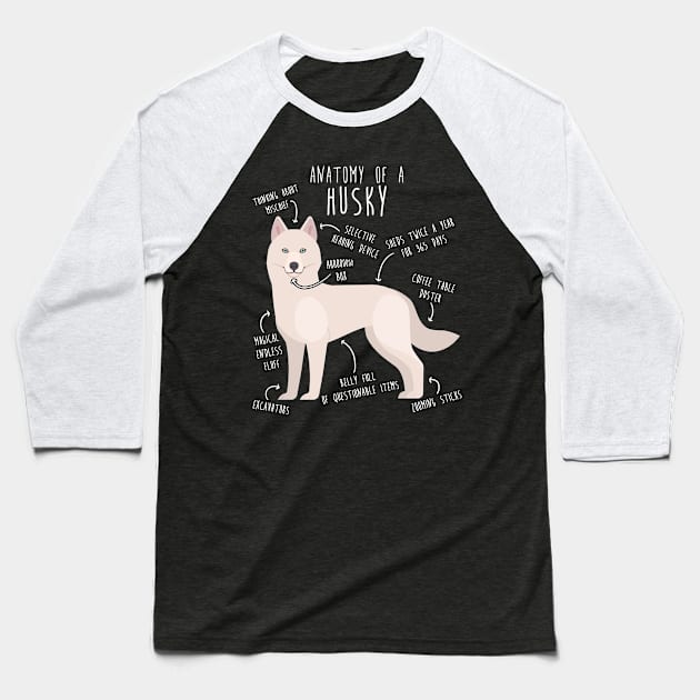 White Siberian Husky Dog Anatomy Baseball T-Shirt by Psitta